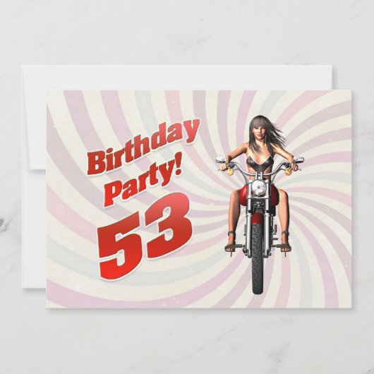 バイクに乗った女の子と53歳の誕生日パーティー 招待状 (正面)