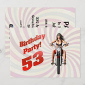 バイクに乗った女の子と53歳の誕生日パーティー 招待状 (正面/裏面)
