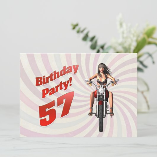 バイクに乗った女の子と57歳の誕生日パーティー 招待状 (スタンド正面)