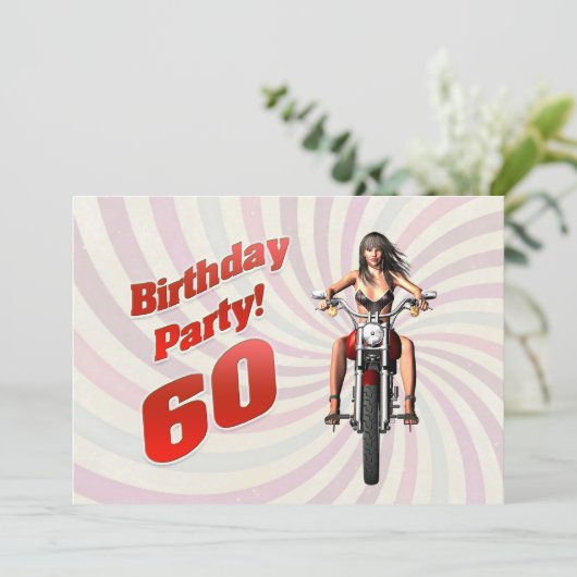 バイクに乗った女の子と60歳の誕生日パーティー 招待状 (スタンド正面)