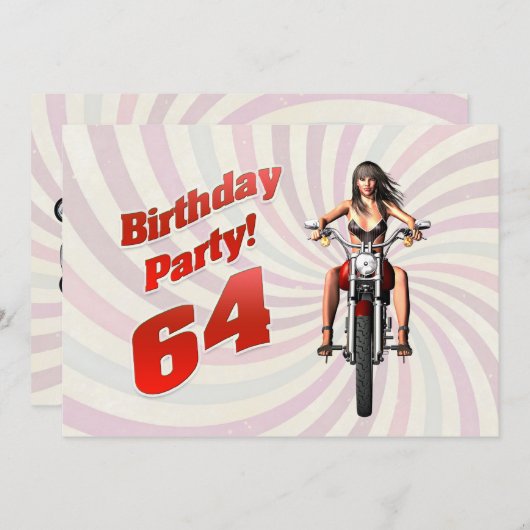 バイクに乗った女の子と64歳の誕生日パーティー 招待状 (正面/裏面)