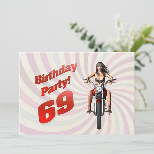 バイクに乗った女の子と69歳の誕生日パーティー 招待状 (スタンド正面)