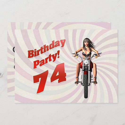 バイクに乗った女の子と74歳の誕生日パーティー 招待状 (正面/裏面)