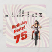 バイクに乗った女の子と75歳の誕生日パーティー 招待状 (正面/裏面)