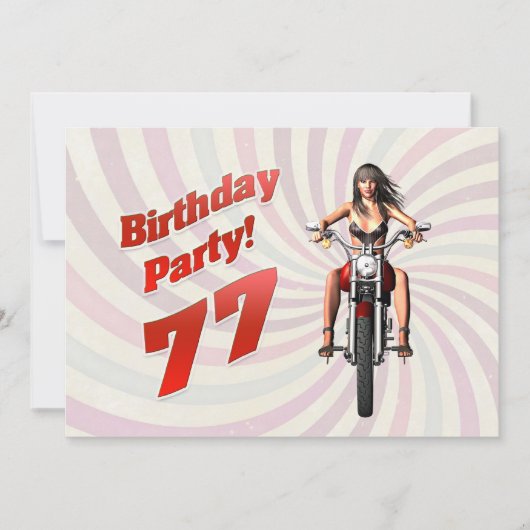 バイクに乗った女の子と77歳の誕生日パーティー 招待状 (正面)