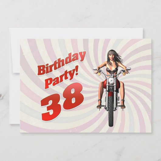 バイクに乗った女の子の38歳誕生日パーティー 招待状 (正面)