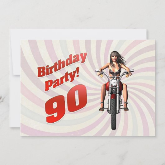 バイクに乗った女の子の90歳の誕生日パーティー 招待状 (正面)