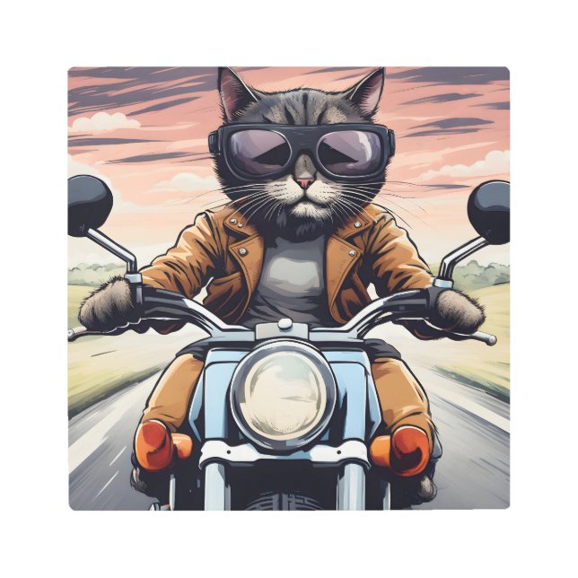 バイクに乗った猫 メタルプリント (正面)