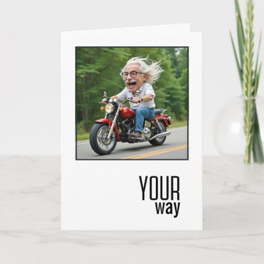 バイクに乗った風刺的なおじいさん 誕生日プレゼント カード (正面)