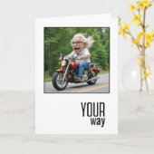 バイクに乗った風刺的なおじいさん 誕生日プレゼント カード (黄色い花)