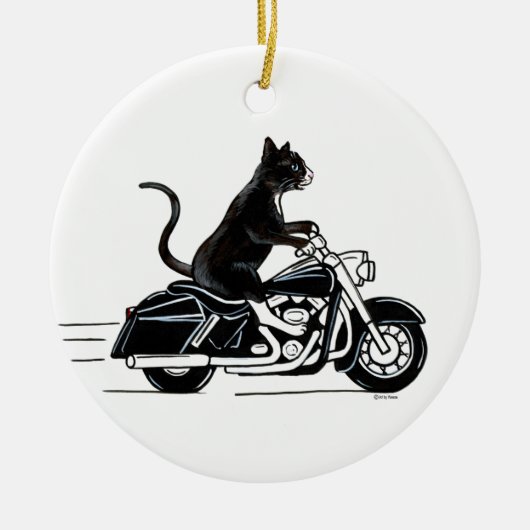 バイクに乗った黒いタキシード猫 セラミックオーナメント (正面)