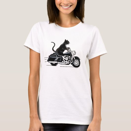 バイクに乗った黒いタキシード猫 Tシャツ (正面)