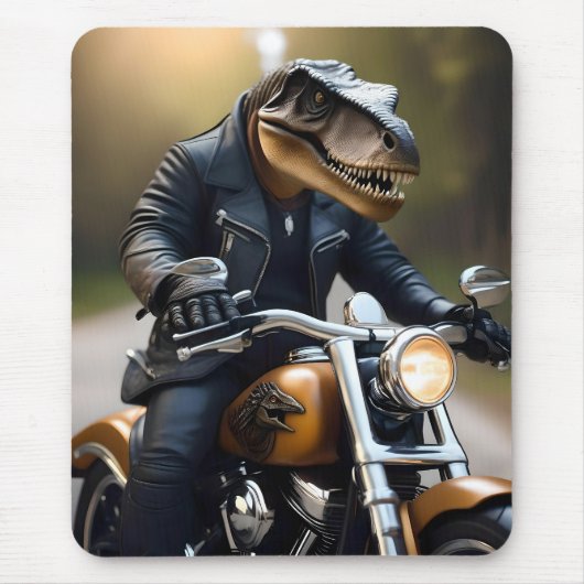 バイクに乗ったTレックス恐竜のバイク乗り マウスパッド (正面)