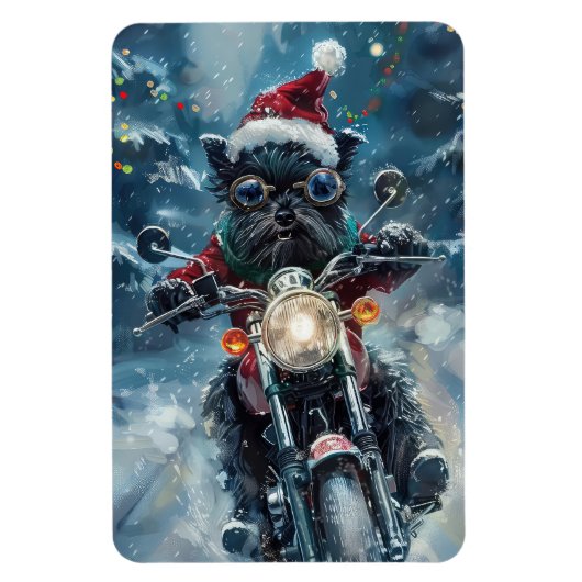 バイクに乗るアフェンピンシャー犬のクリスマス マグネット (縦)