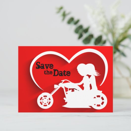 バイクに乗るカップル 結婚式の延期をお知らせ 招待状 (スタンド正面)