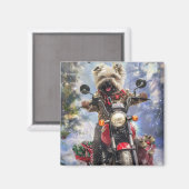 バイクに乗るケアン・テリア クリスマス マグネット (正面/裏面)