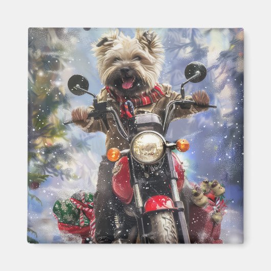 バイクに乗るケアン・テリア クリスマス マグネット (正面)