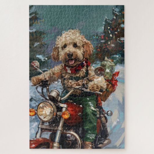 バイクに乗るコカプー犬 クリスマス ジグソーパズル (縦)