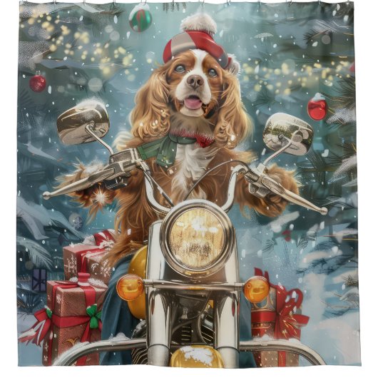 バイクに乗るコッカー・スパニエル クリスマス シャワーカーテン (正面)