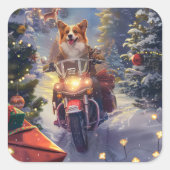 バイクに乗るコーギー犬のクリスマス スクエアシール (正面)