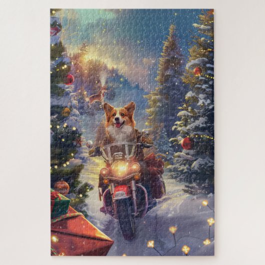 バイクに乗るコーギー犬 クリスマス ジグソーパズル (縦)