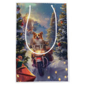 バイクに乗るコーギー犬 クリスマス ミディアムペーパーバッグ (正面)
