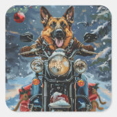 バイクに乗るジャーマンシェパードのクリスマス スクエアシール (正面)