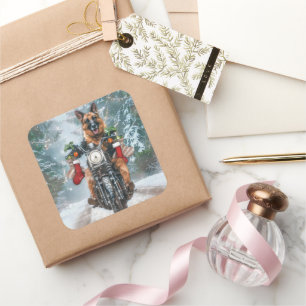バイクに乗るジャーマンシェパードのクリスマス スクエアシール