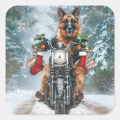バイクに乗るジャーマンシェパードのクリスマス スクエアシール (正面)