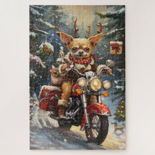 バイクに乗るチワワ クリスマス ジグソーパズル (縦)