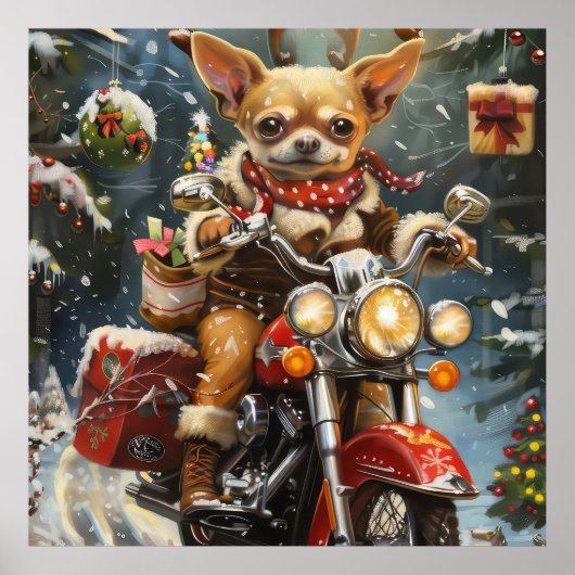 バイクに乗るチワワ クリスマス ポスター (正面)