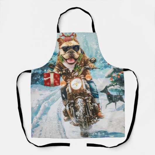 バイクに乗るブルドッグ クリスマス エプロン (正面)
