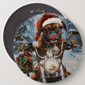バイクに乗るボクサー犬のクリスマス 缶バッジ (正面&裏面)