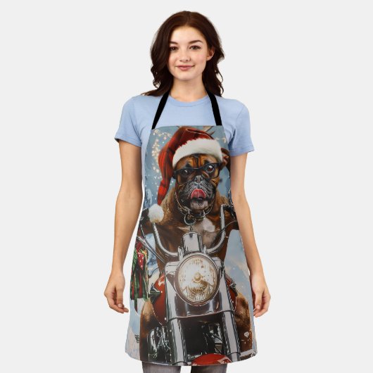 バイクに乗るボクサー犬クリスマス エプロン (着用した状態)