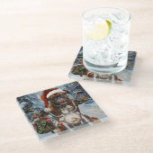 バイクに乗るボクサー犬クリスマス ガラスコースター (アングル)