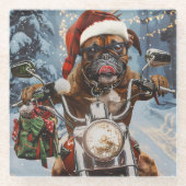 バイクに乗るボクサー犬クリスマス ガラスコースター (正面)