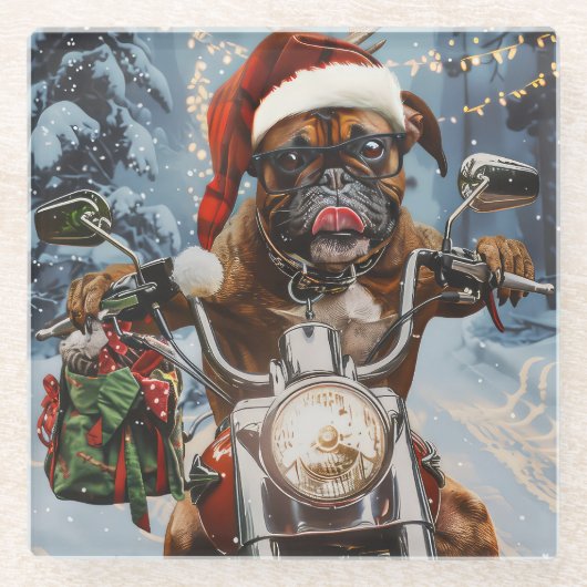 バイクに乗るボクサー犬クリスマス ガラスコースター (正面)
