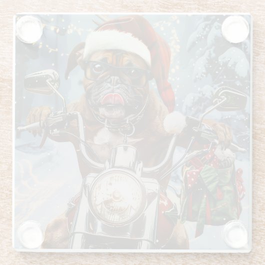 バイクに乗るボクサー犬クリスマス ガラスコースター (裏面)