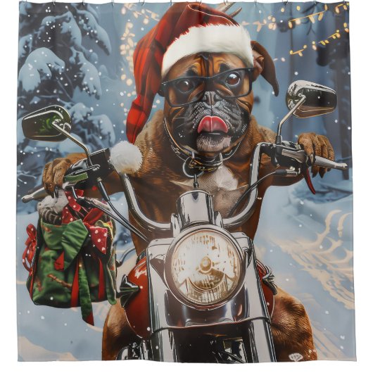 バイクに乗るボクサー犬クリスマス シャワーカーテン (正面)
