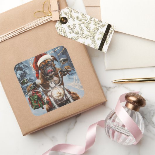 バイクに乗るボクサー犬クリスマス スクエアシール (ギフト)