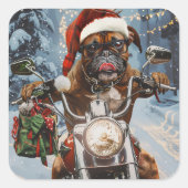 バイクに乗るボクサー犬クリスマス スクエアシール (正面)