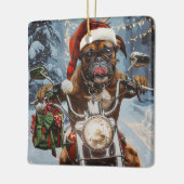 バイクに乗るボクサー犬クリスマス セラミックオーナメント (左)