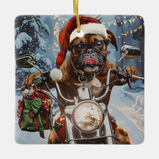 バイクに乗るボクサー犬クリスマス セラミックオーナメント (正面)
