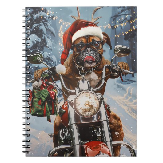 バイクに乗るボクサー犬クリスマス ノートブック (正面)