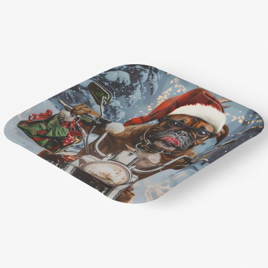 バイクに乗るボクサー犬クリスマス ペーパープレート (傾斜あり)