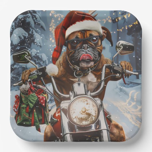 バイクに乗るボクサー犬クリスマス ペーパープレート (正面)