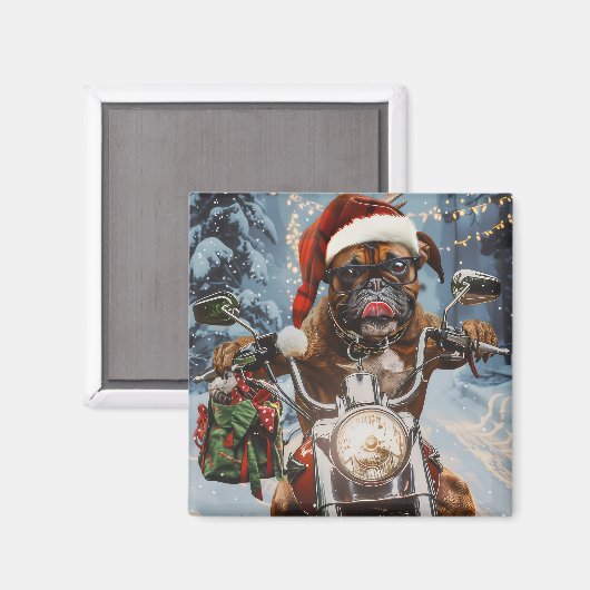 バイクに乗るボクサー犬クリスマス マグネット (正面/裏面)