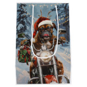 バイクに乗るボクサー犬クリスマス ミディアムペーパーバッグ (裏面)