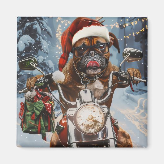 バイクに乗るボクサー犬 クリスマス マグネット (正面)