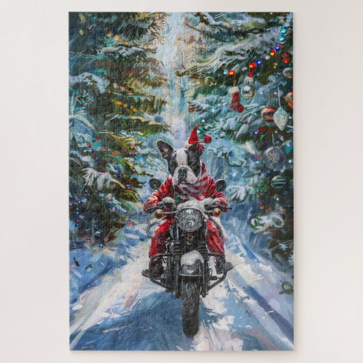 バイクに乗るボストンテリア クリスマス ジグソーパズル (縦)